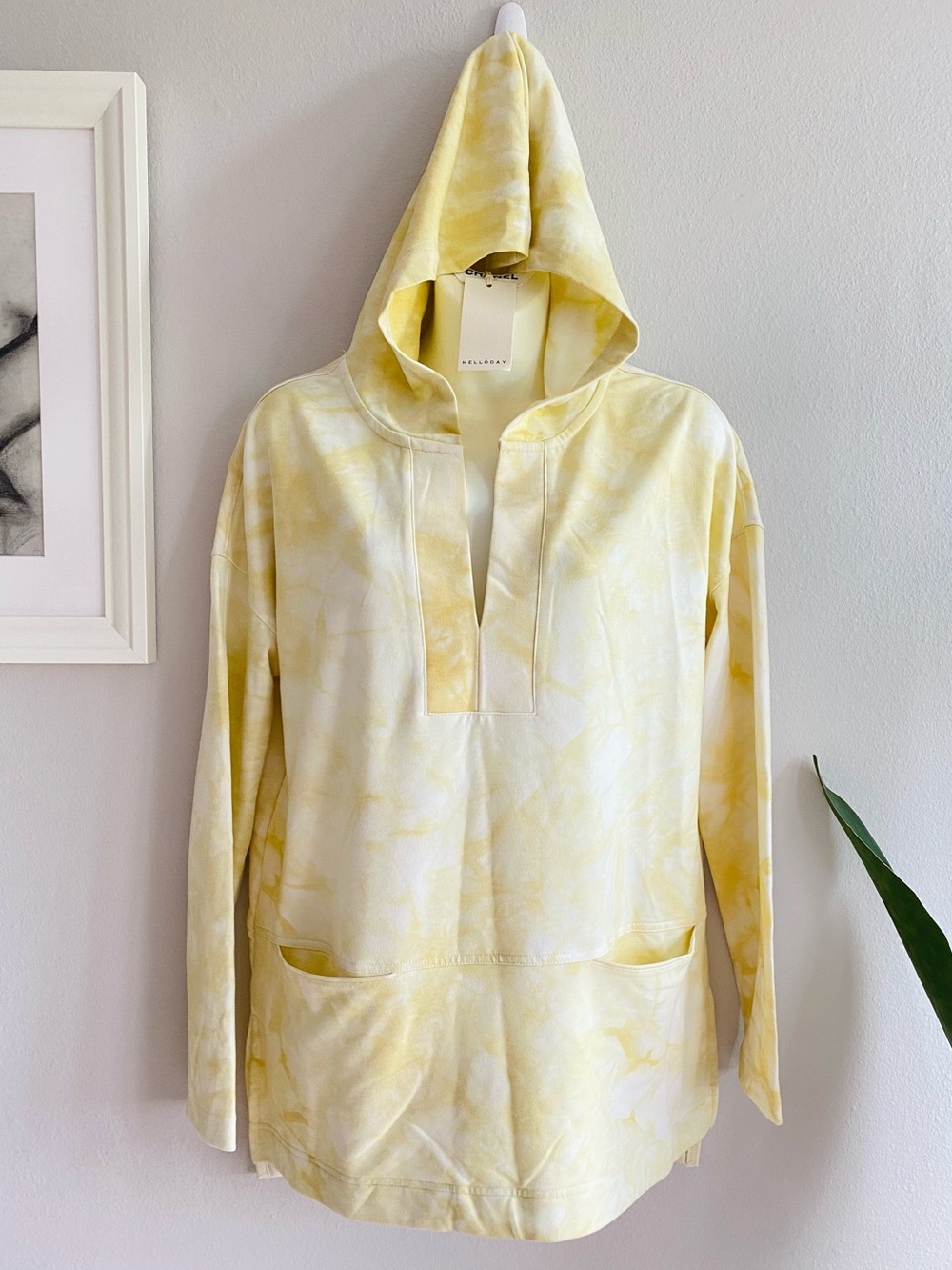 Melloday Oversize Light Yellow Tie-Dye Hooded Pullover Pockets Sweatshirt Jacket